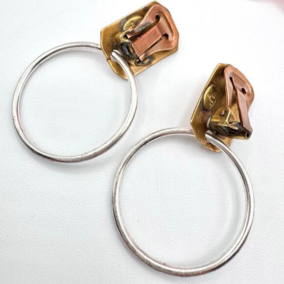 Marjorie Baer MB SF Hoop Earrings Mixed Metal Brutalist Industrial Clip On Artsy - Picture 2 of 16